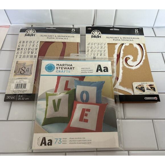 2 Reusable 8” Alphabet & Monogram Paper Stencils FolkArt , 1 Martha Stewart ABC - Picture 1 of 5